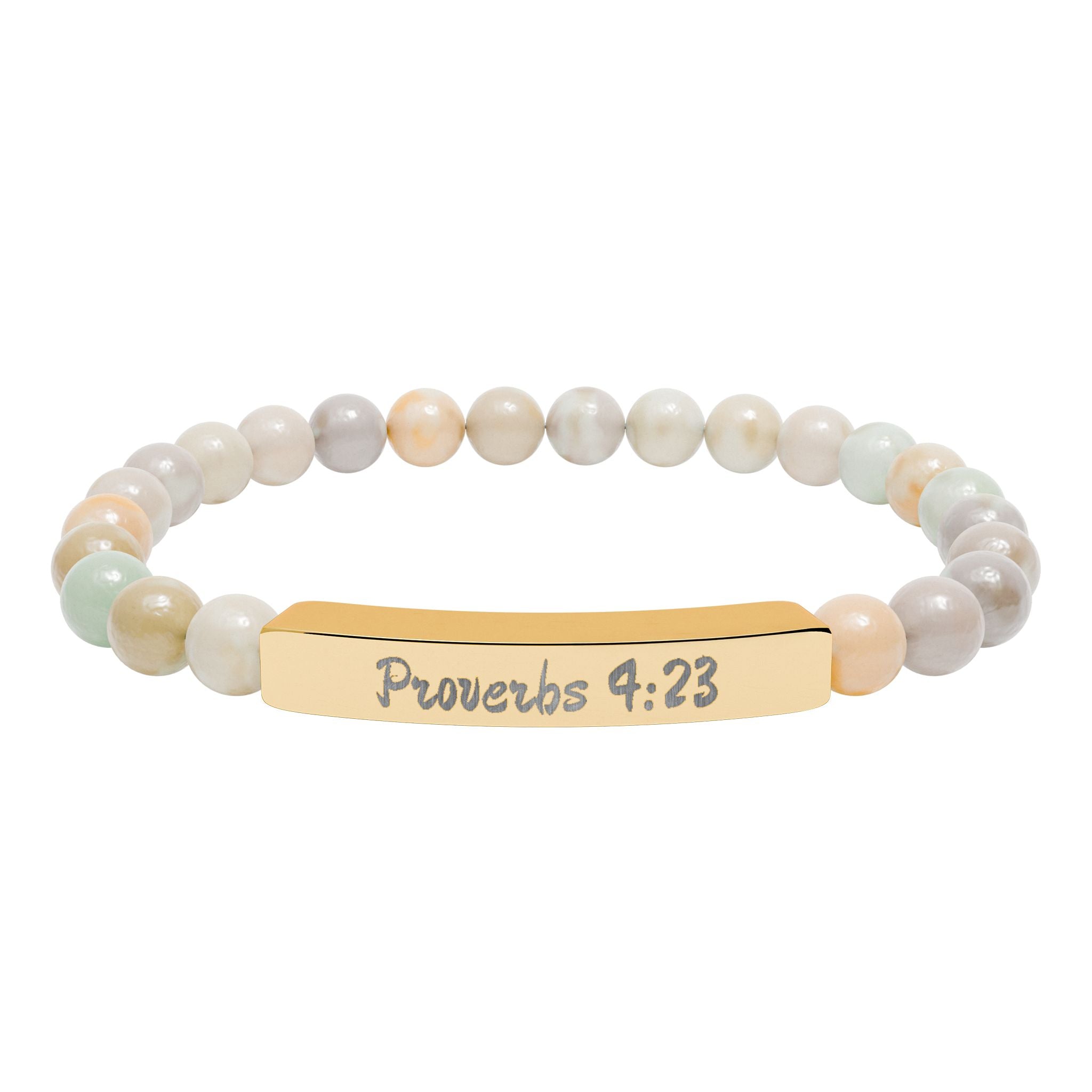 Engraved Natural Stone Stretch Bracelet — Proverbs 4:23 Spiritual Bar Bracelet