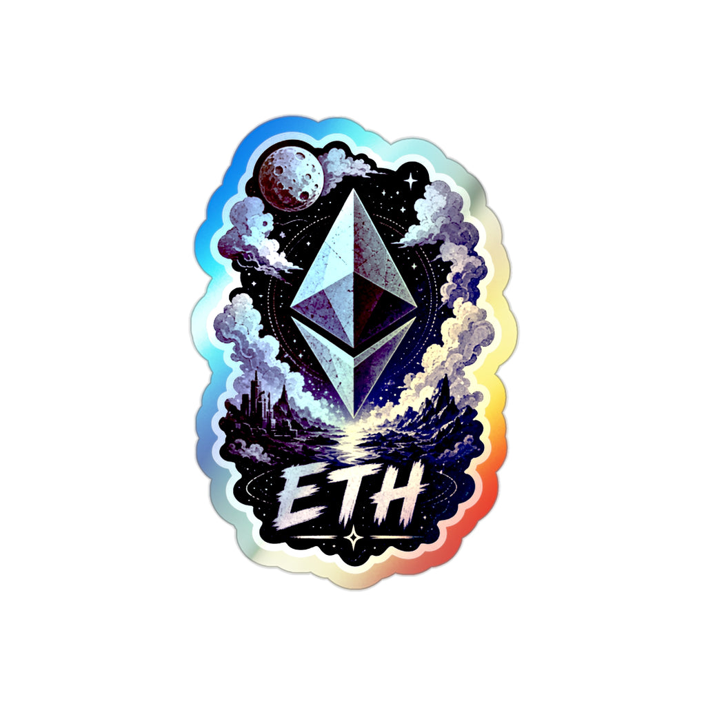 Holographic ETH Crypto Sticker — Die-Cut Ethereum Logo with Cosmic Design