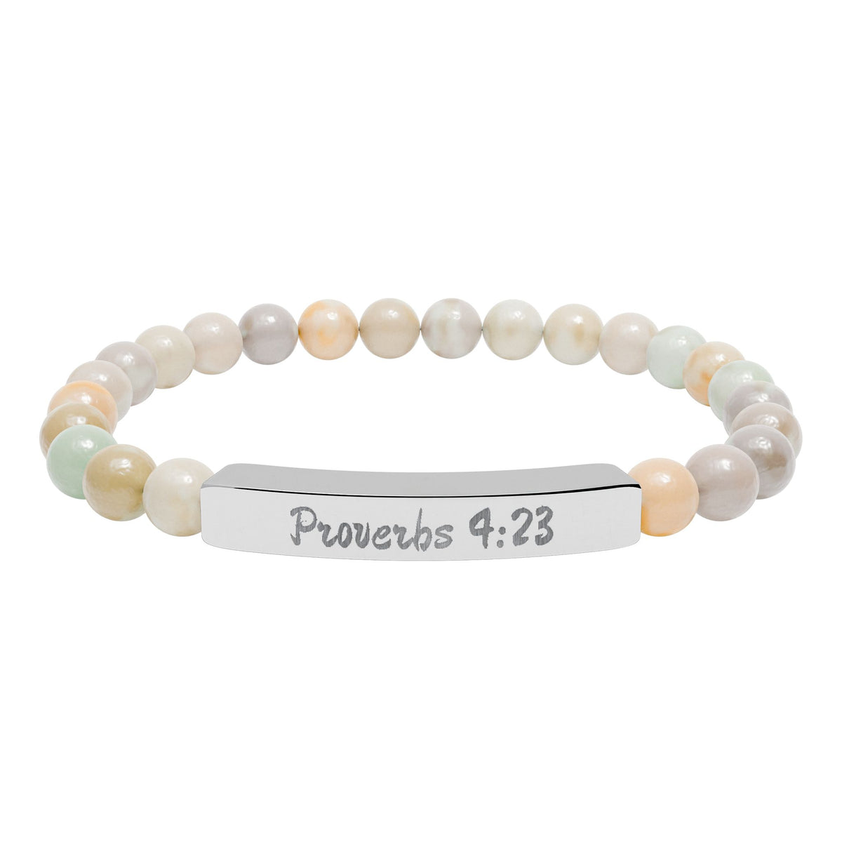 Engraved Natural Stone Stretch Bracelet — Proverbs 4:23 Spiritual Bar Bracelet