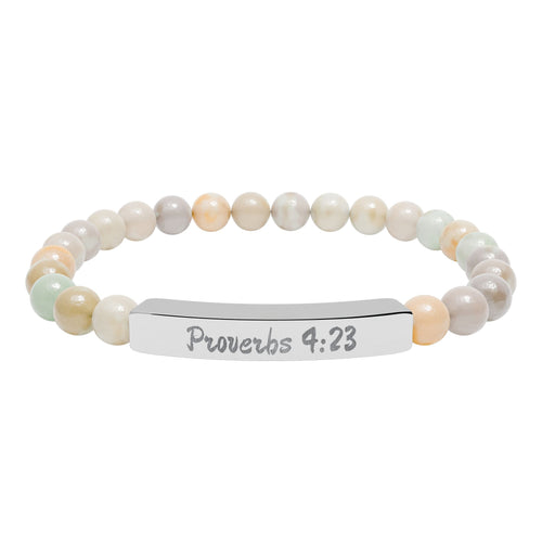 Engraved Natural Stone Stretch Bracelet — Proverbs 4:23 Spiritual Bar Bracelet