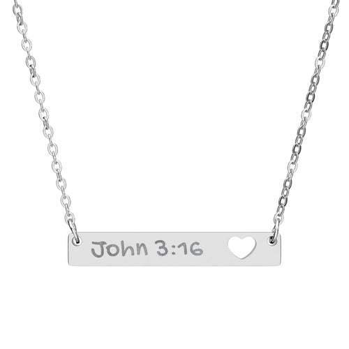 Engravable Cutout Heart Bar Necklace — Personalized Scripture John 3:16